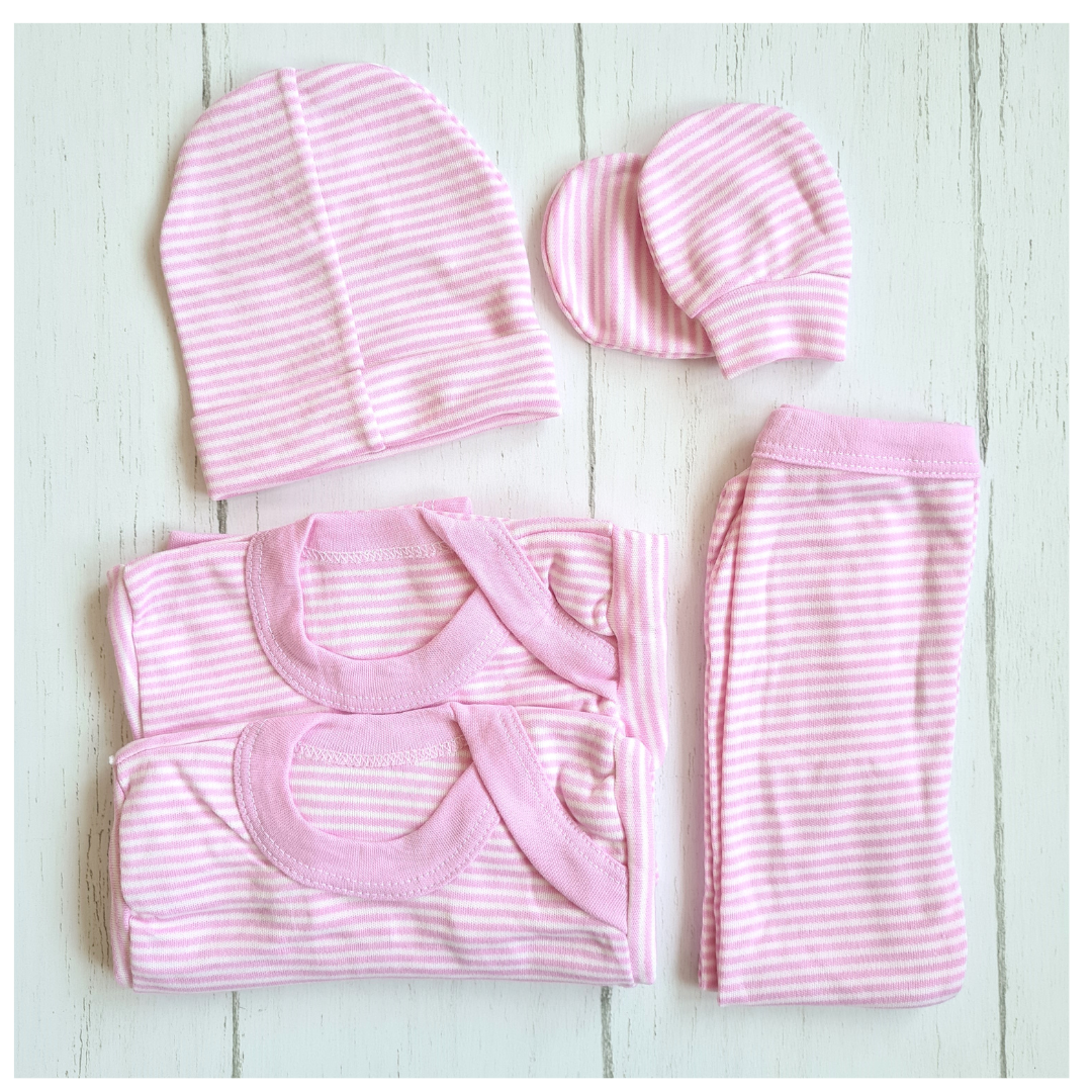 Set ajuar de 5 piezas 100% algodón para bebé - Diseño rayado rosa claro