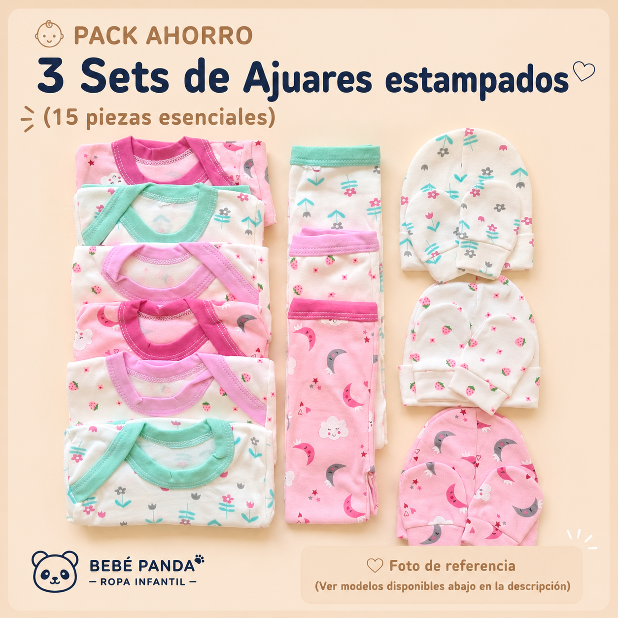 👶 Pack Ahorro 3 Sets de Ajuares estampados niñas (15 piezas esenciales)