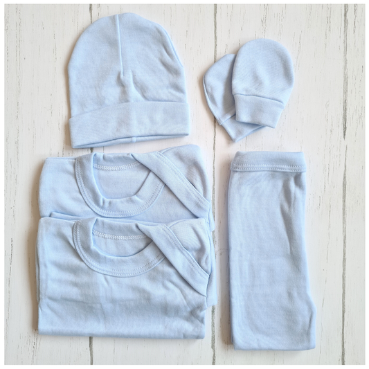 Set ajuar de 5 piezas 100% algodón para bebé - modelito unicolor celeste
