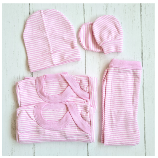 Set ajuar de 5 piezas 100% algodón para bebé - Diseño rayado rosa claro