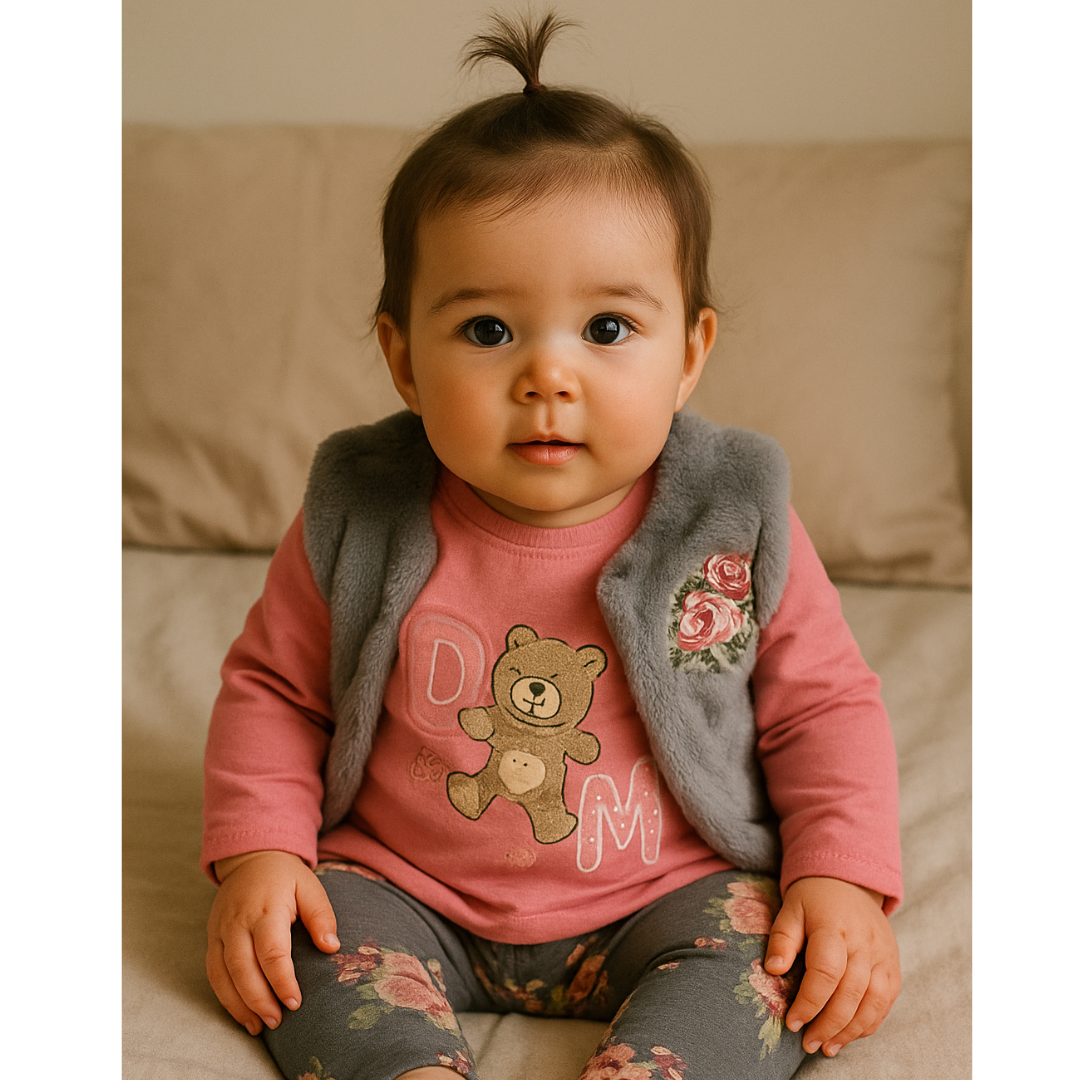Conjunto 3 piezas 100% algodón abrigado para bebé niña - Diseño osito rosa