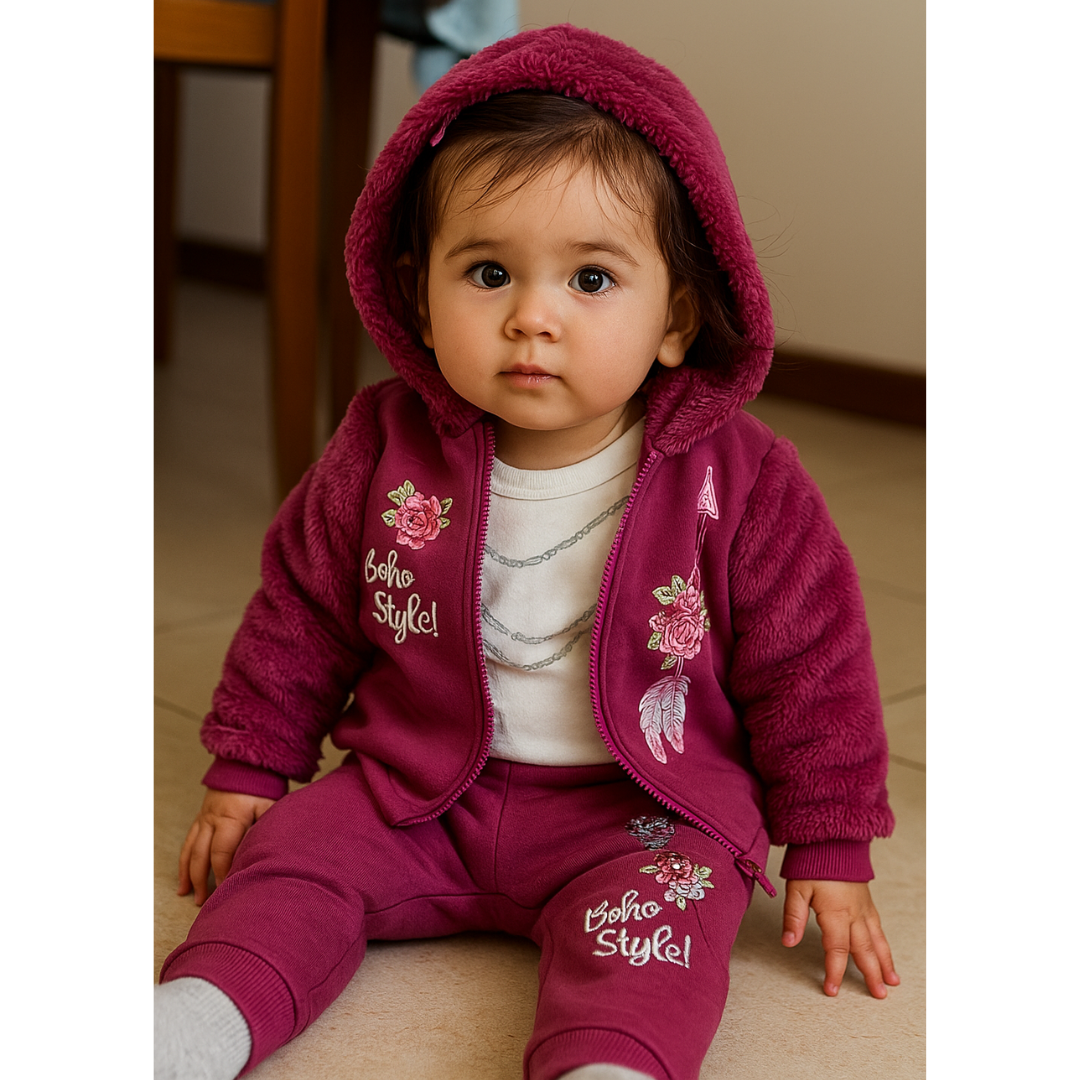 Conjunto 3 piezas 100% algodón abrigado para bebé nena - Diseño flor