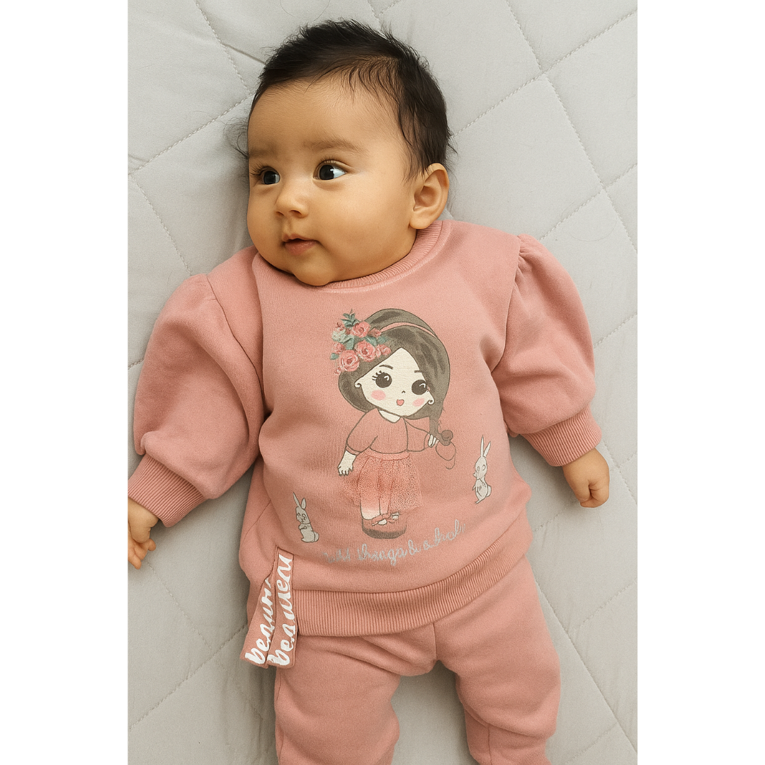 Conjunto 2 piezas 100% algodón abrigado para bebé hembra - Color rosa