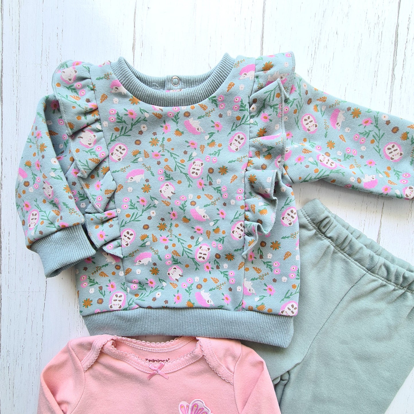 Conjunto 3 piezas 100% algodón abrigado para bebé nena - Modelito verde floreado