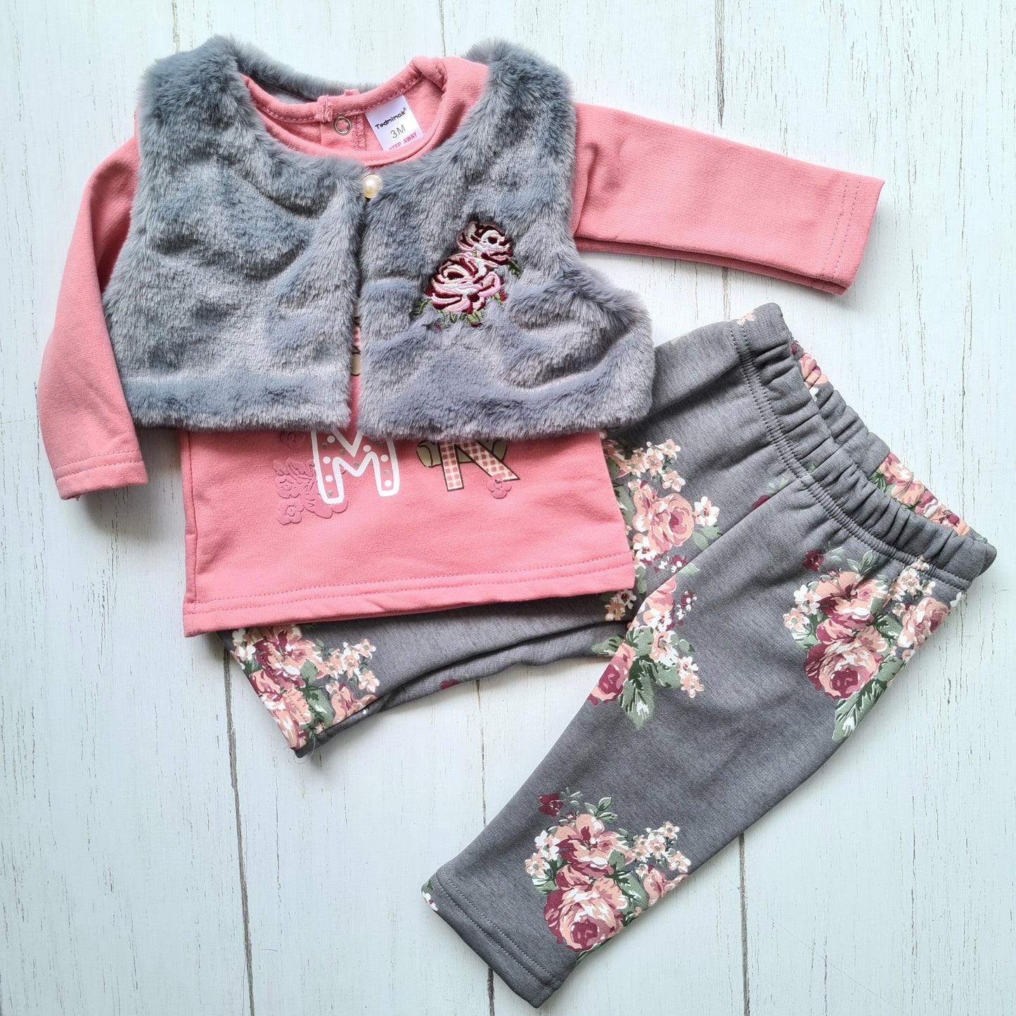 Conjunto 3 piezas 100% algodón abrigado para bebé niña - Diseño osito rosa