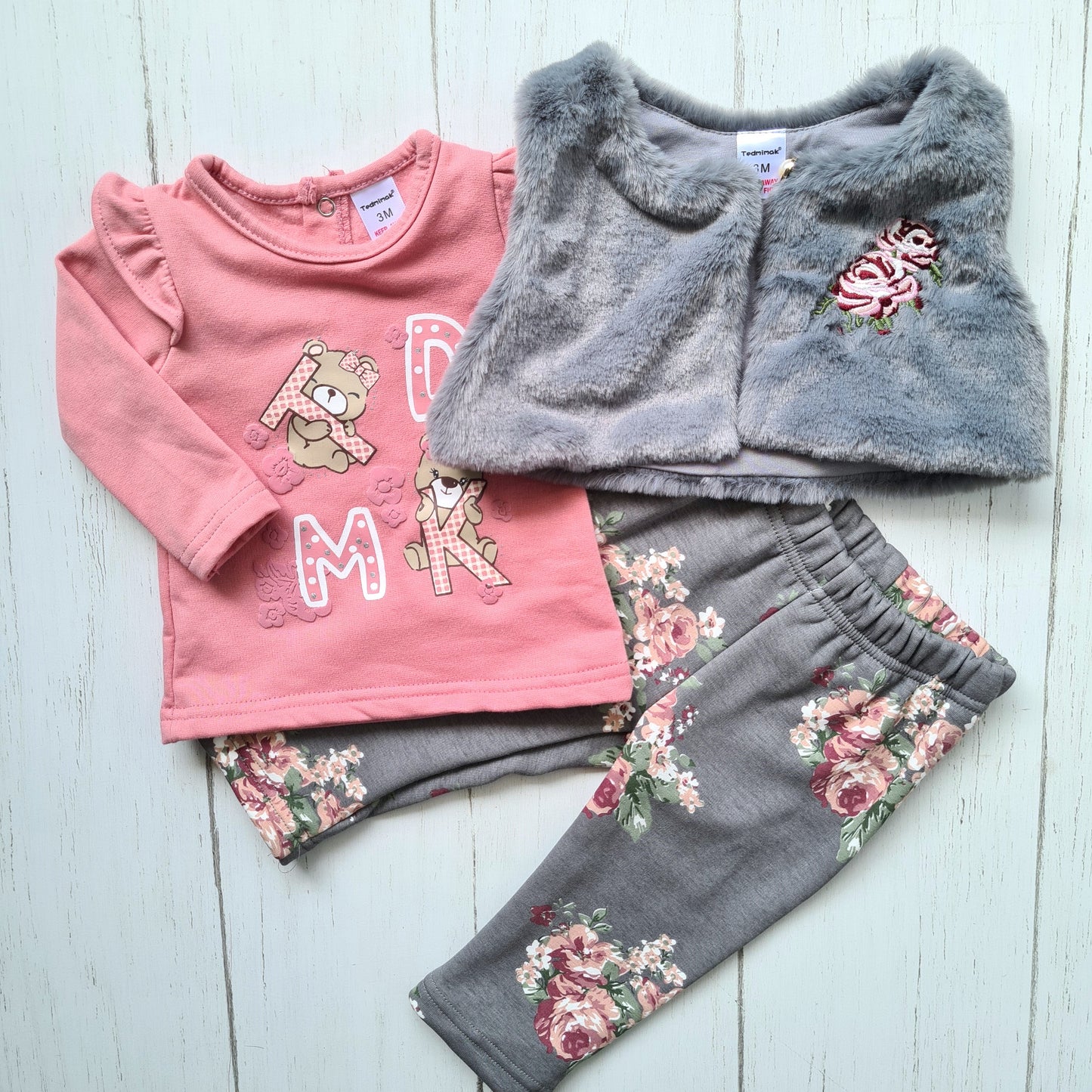 Conjunto 3 piezas 100% algodón abrigado para bebé niña - Diseño osito rosa