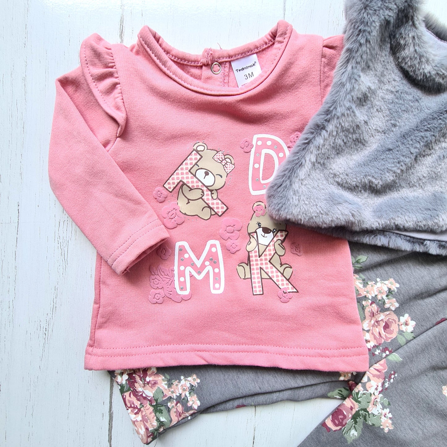 Conjunto 3 piezas 100% algodón abrigado para bebé niña - Diseño osito rosa