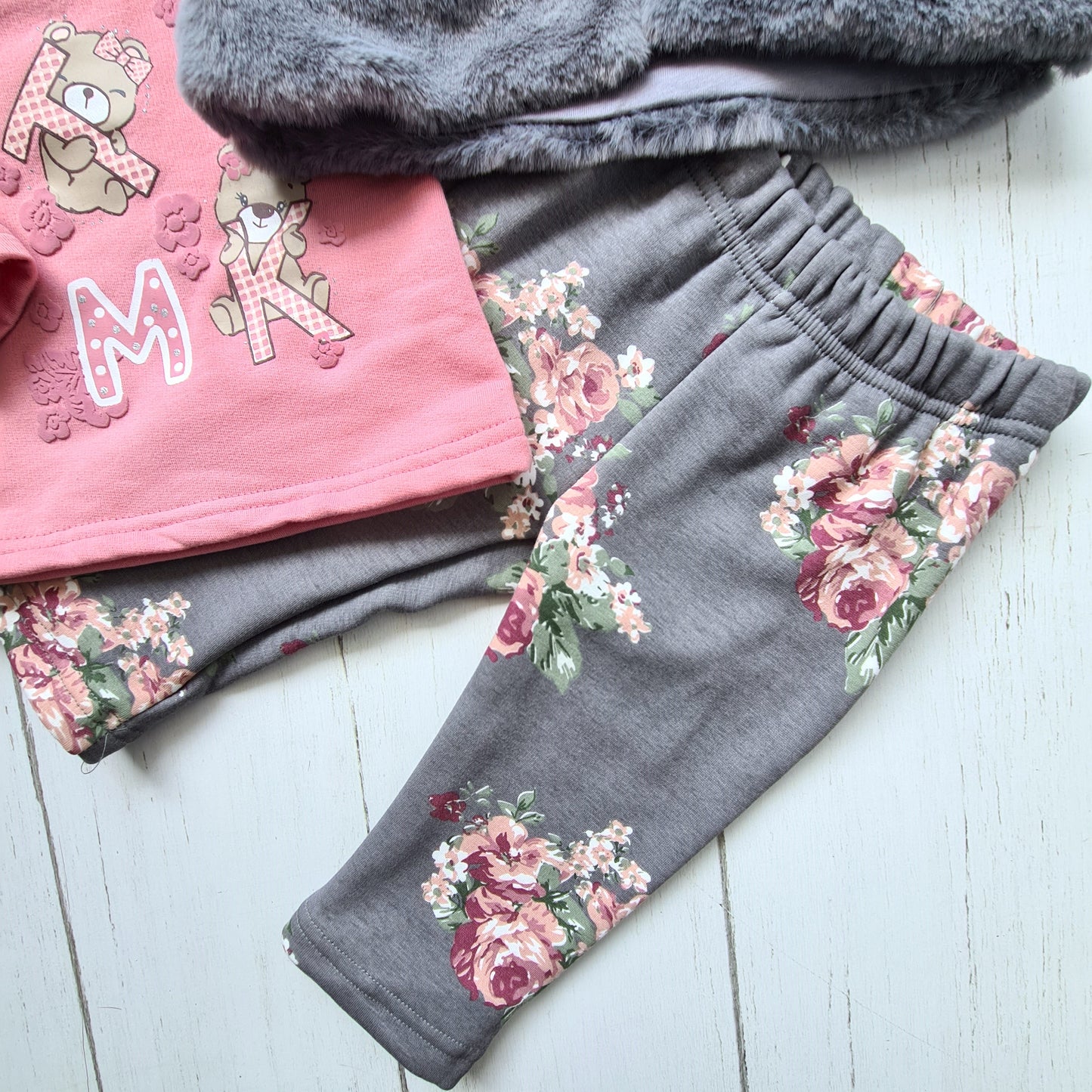 Conjunto 3 piezas 100% algodón abrigado para bebé niña - Diseño osito rosa