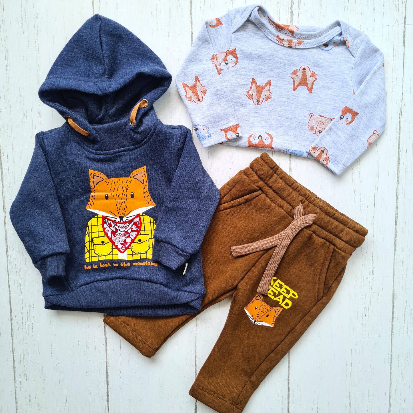 Conjunto 3 piezas 100% algodón abrigado para bebé niño - Diseño zorrito