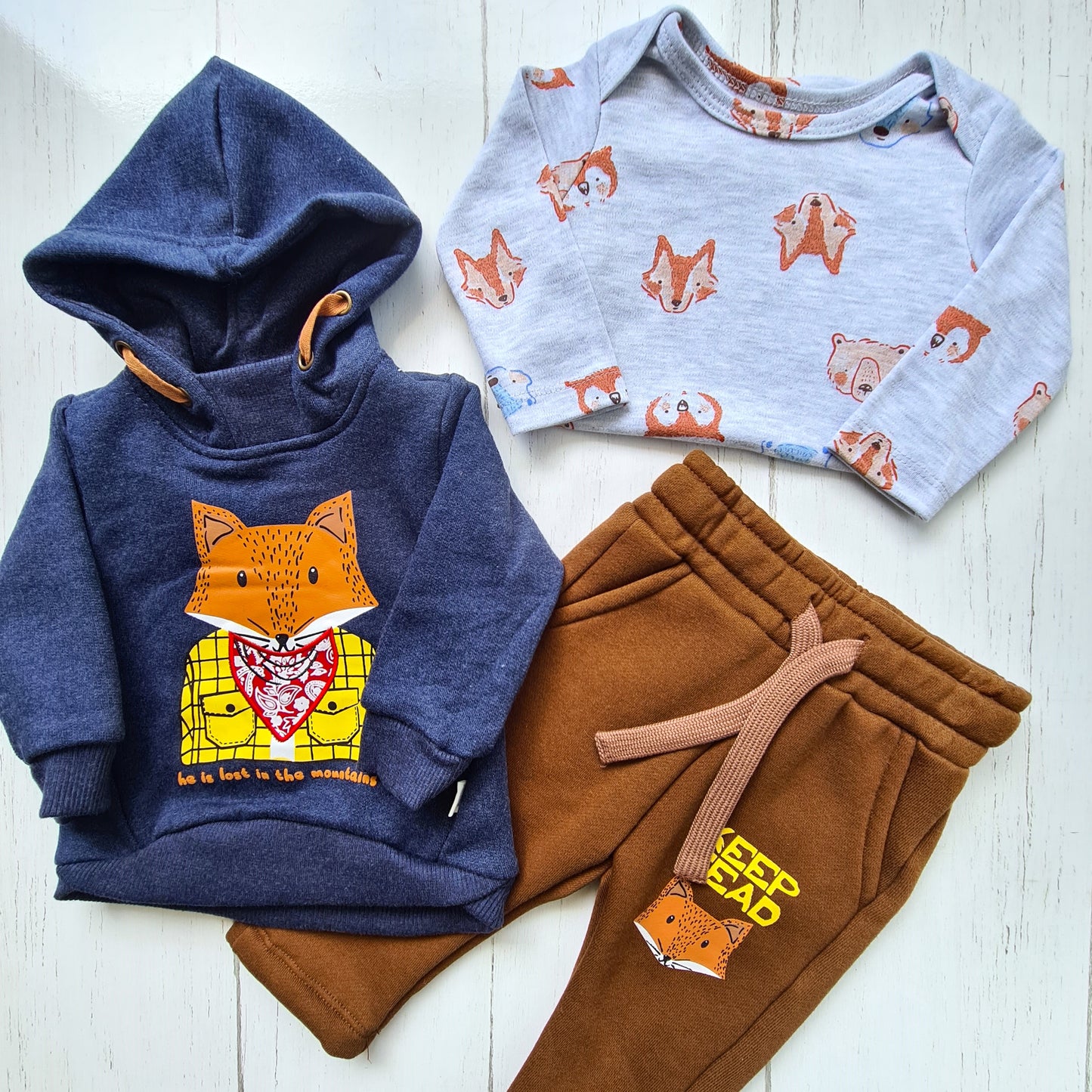 Conjunto 3 piezas 100% algodón abrigado para bebé niño - Diseño zorrito