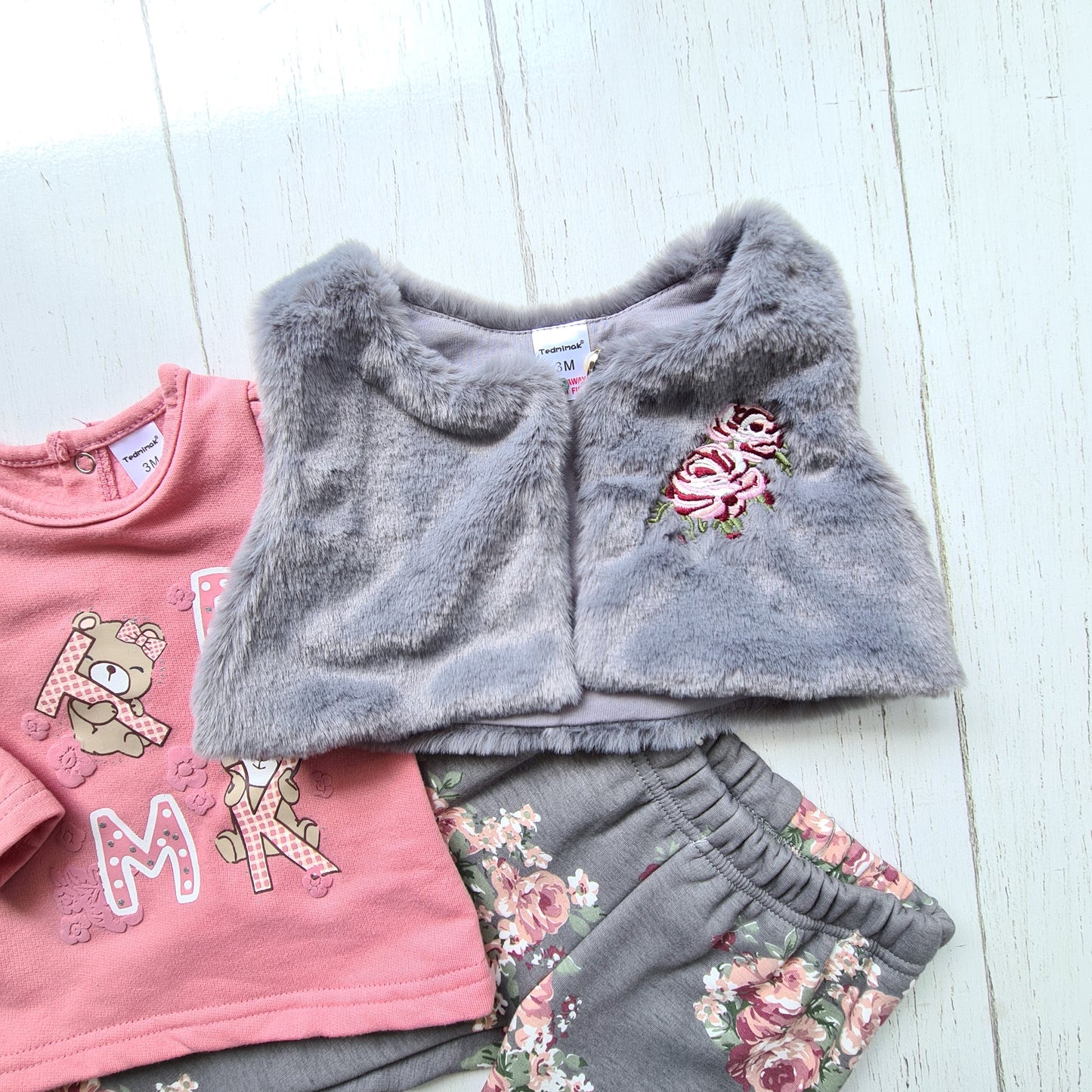 Conjunto 3 piezas 100% algodón abrigado para bebé niña - Diseño osito rosa