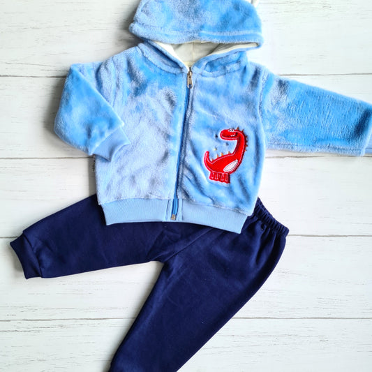 Conjunto 2 piezas plush abrigado para bebé niño - Modelito dino celeste