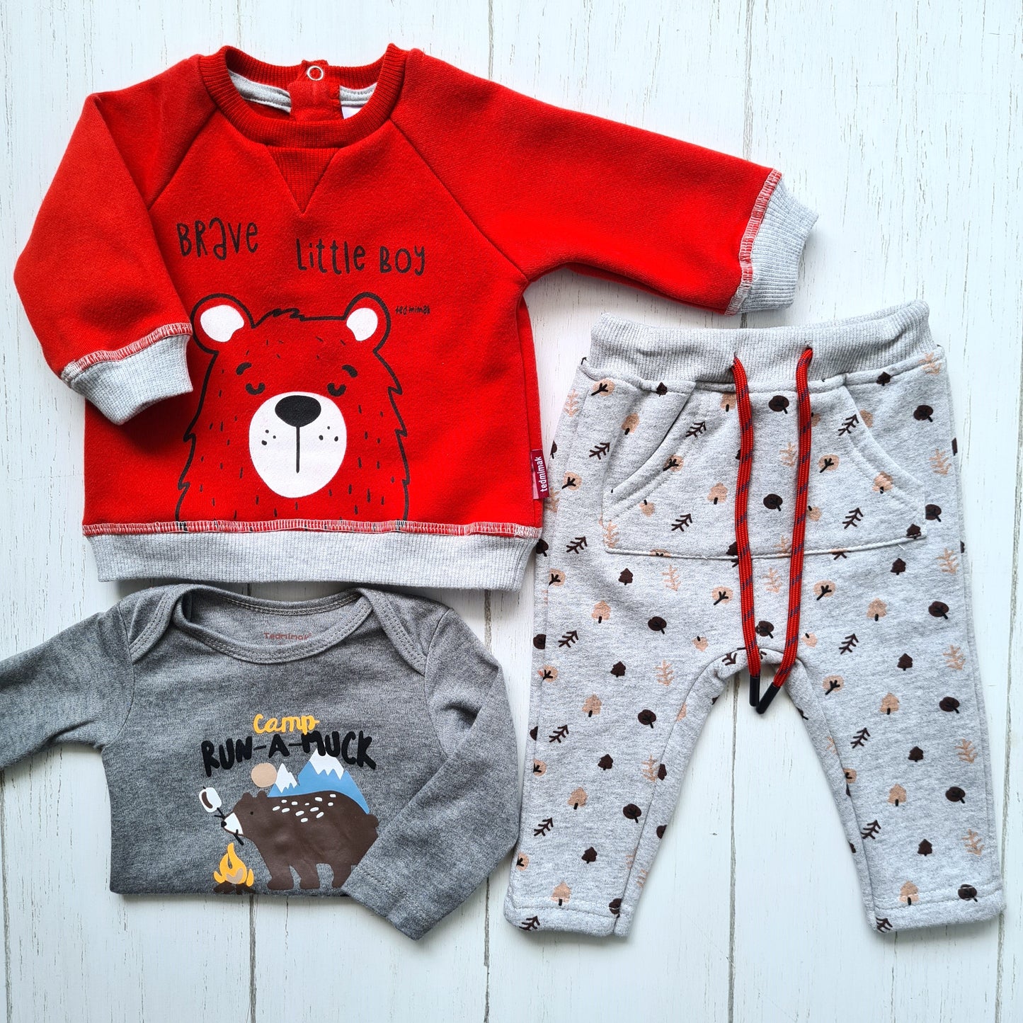 Conjunto 3 piezas 100% algodón abrigado para bebé varón - Modelito osito rojo