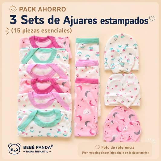 👶 Pack Ahorro 3 Sets de Ajuares estampados niñas (15 piezas esenciales)