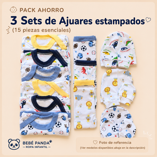 👶 Pack Ahorro 3 Sets de Ajuares estampados niños (15 piezas esenciales)