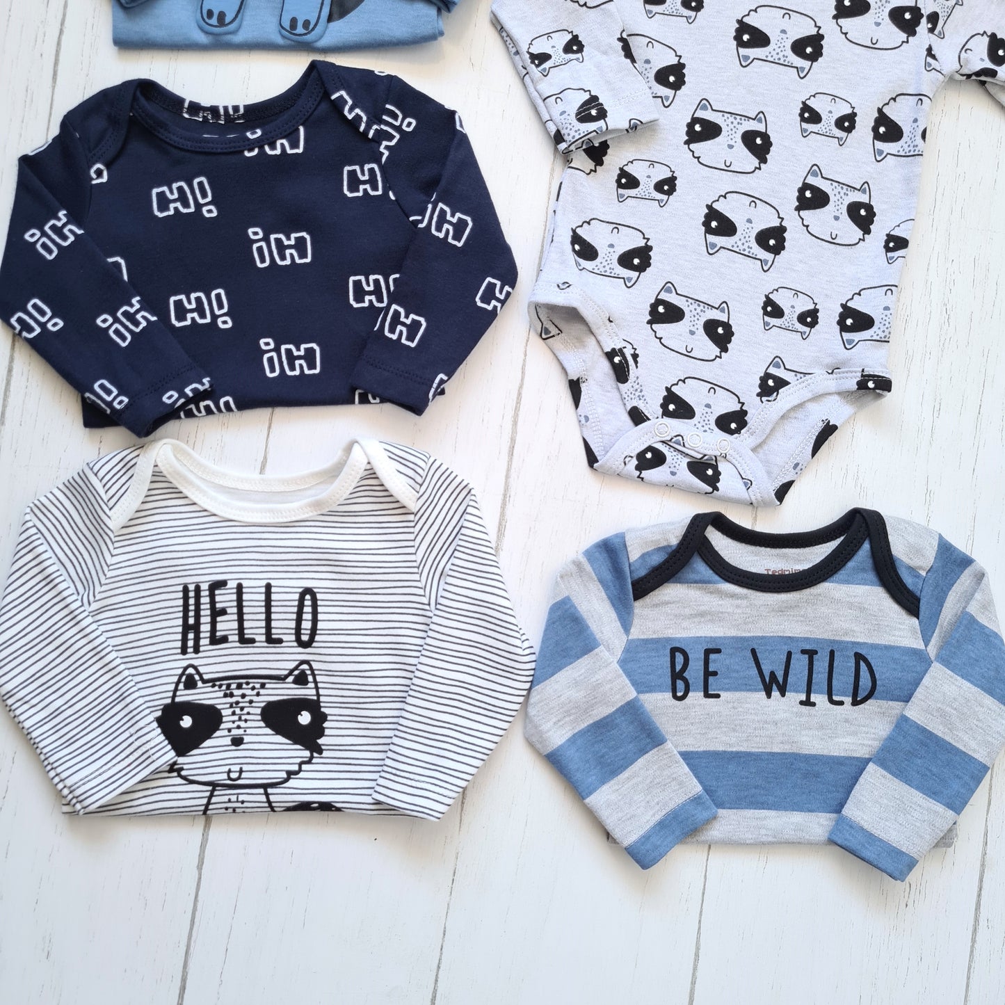 Set de 5 bodies manga larga 100% algodón para bebé niño - colores azules