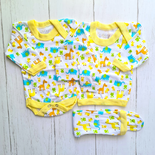 Set ajuar de 5 piezas 100% algodón para bebé - diseño animalitos amarillo