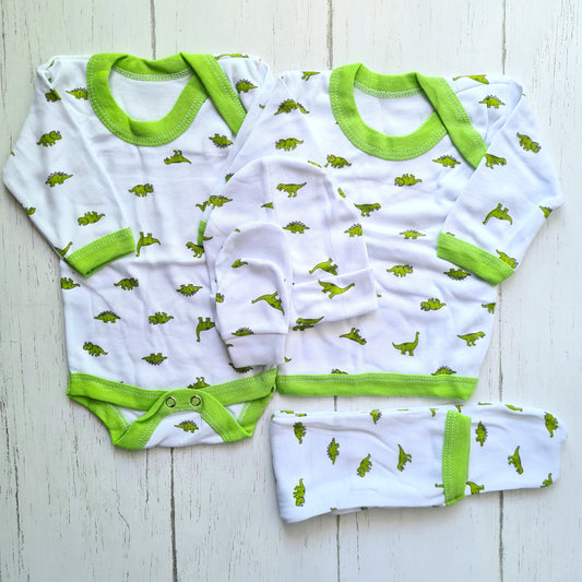 Set ajuar de 5 piezas 100% algodón para bebé - diseño dinosaurios verde