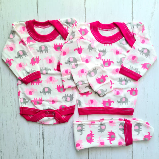 Set ajuar de 5 piezas 100% algodón para bebé - diseño elefantito rosa