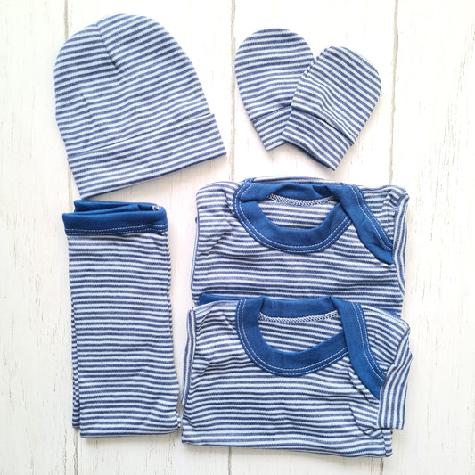 Set ajuar de 5 piezas 100% algodón para bebé - diseño rayado azul