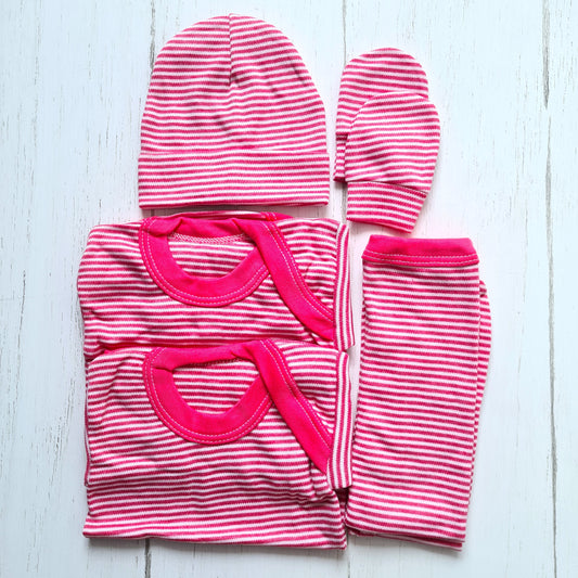 Set ajuar de 5 piezas 100% algodón para bebé - modelito rayado rosa