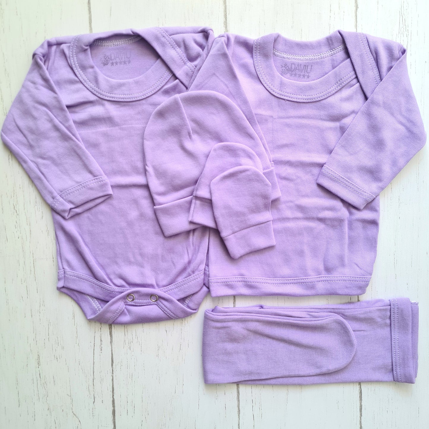 Set ajuar de 5 piezas 100% algodón para bebé - unicolor lila