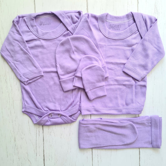 Set ajuar de 5 piezas 100% algodón para bebé - unicolor lila