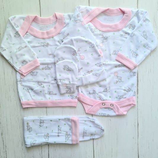 Set ajuar de 5 piezas 100% algodón para bebé - elefantito rosa
