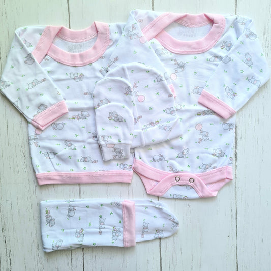 Set ajuar de 5 piezas 100% algodón para bebé - elefantito rosa