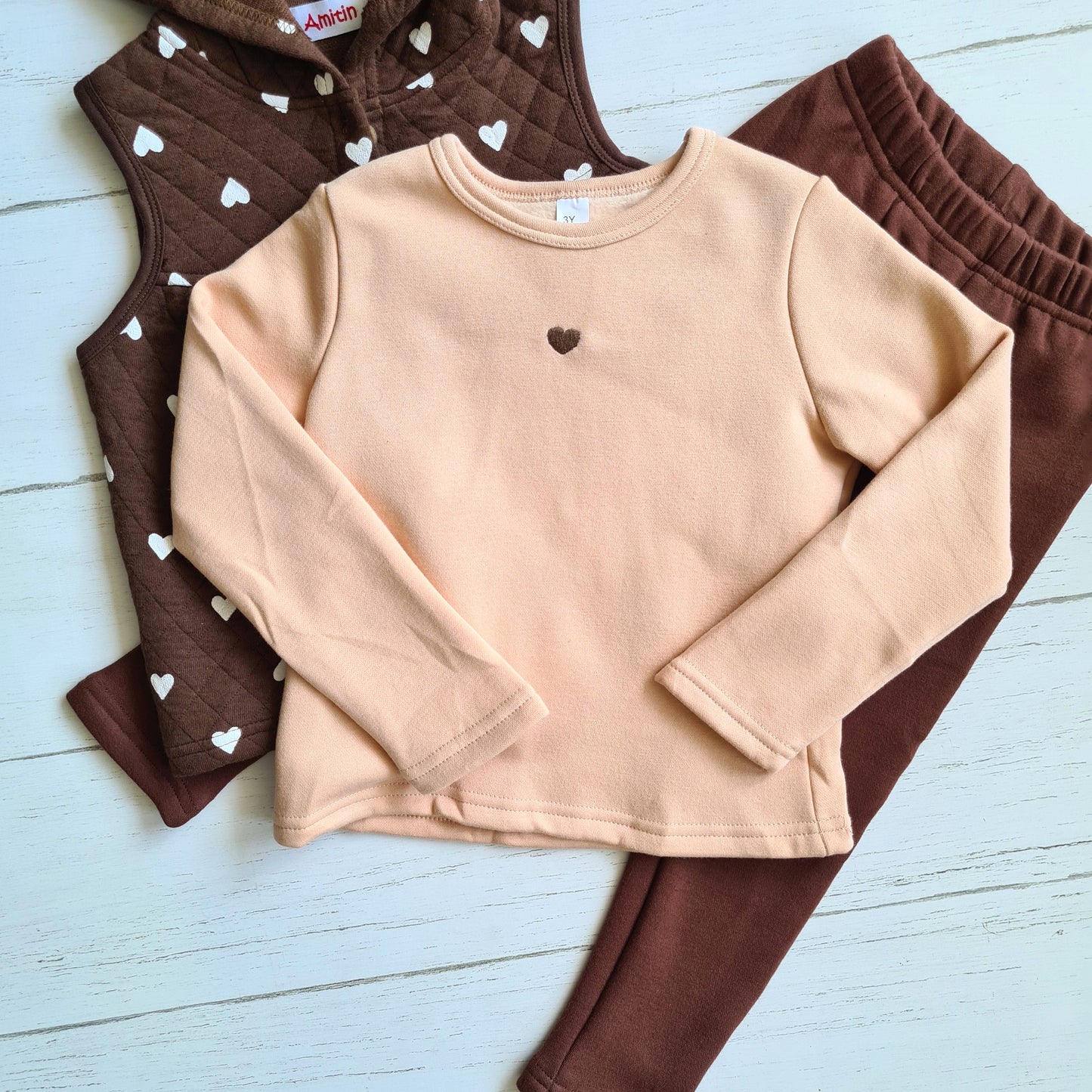 Conjunto 3 piezas 100% algodón abrigado para niña - Modelito tonalidades café