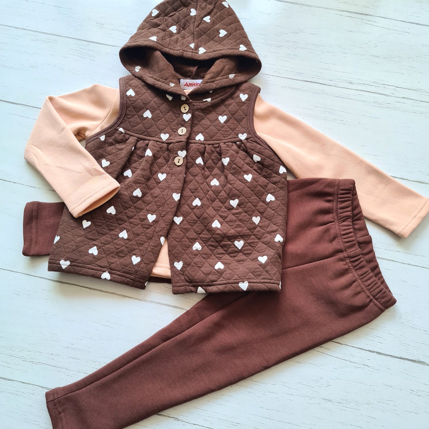 Conjunto 3 piezas 100% algodón abrigado para niña - Modelito tonalidades café