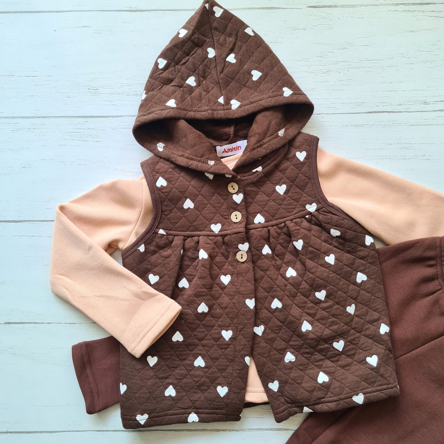 Conjunto 3 piezas 100% algodón abrigado para niña - Modelito tonalidades café