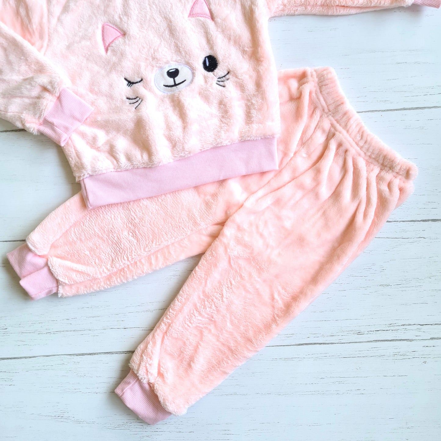 Conjunto 2 piezas plush abrigado para niña - Diseño gatita rosa