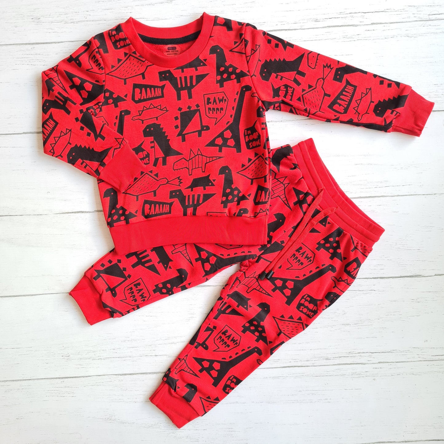 Conjunto 2 piezas algodón abrigado para niño - Modelito dino rojo