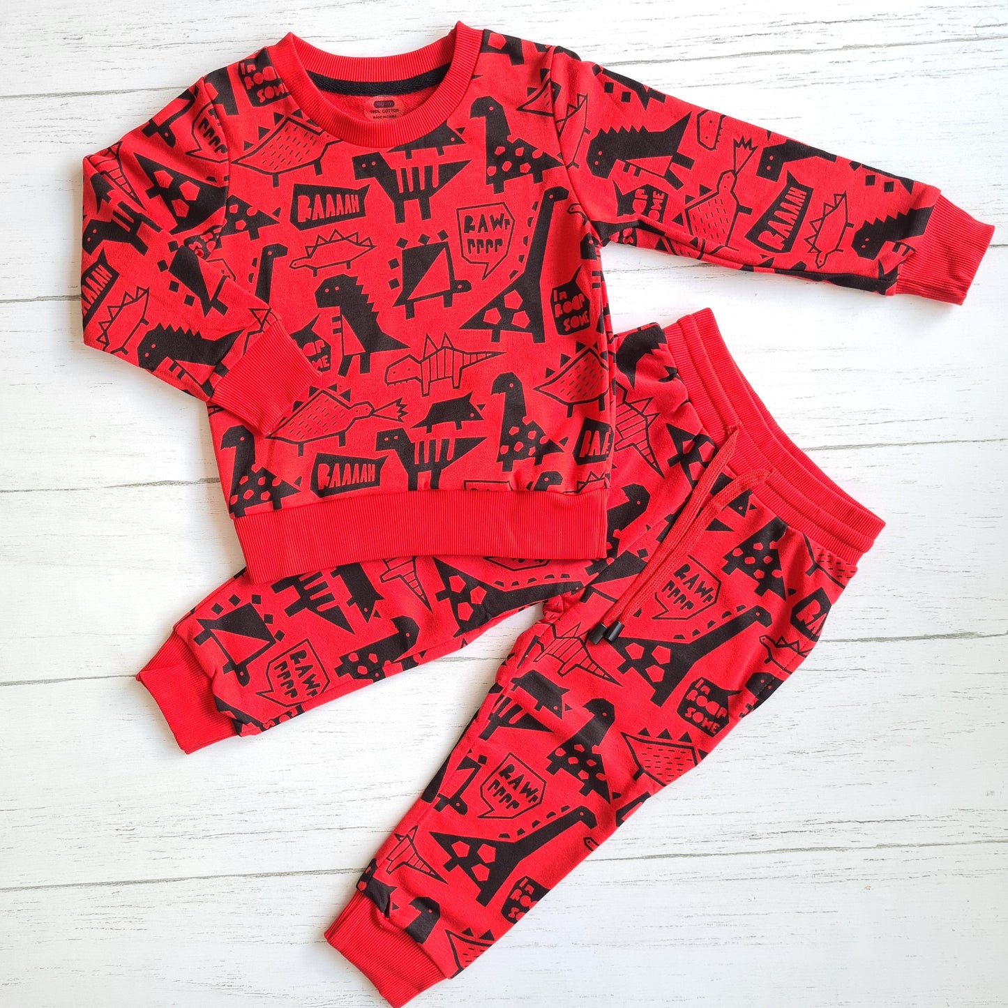 Conjunto 2 piezas algodón abrigado para niño - Modelito dino rojo