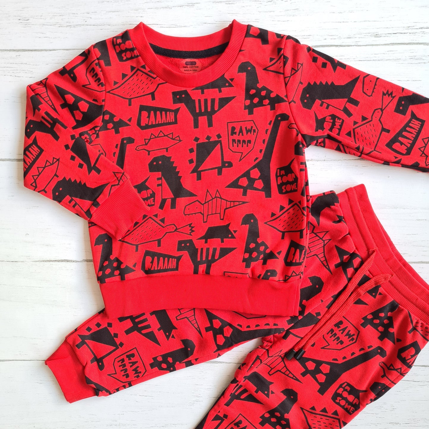 Conjunto 2 piezas algodón abrigado para niño - Modelito dino rojo