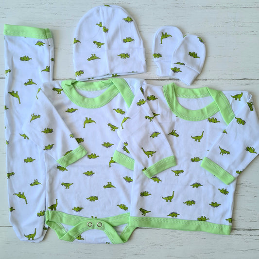 Set ajuar de 5 piezas 100% algodón para bebé - diseño dinosaurios verde