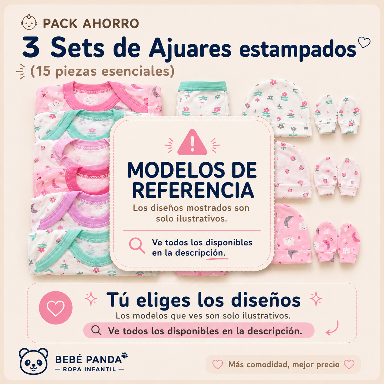 👶 Pack Ahorro 3 Sets de Ajuares estampados niñas (15 piezas esenciales)