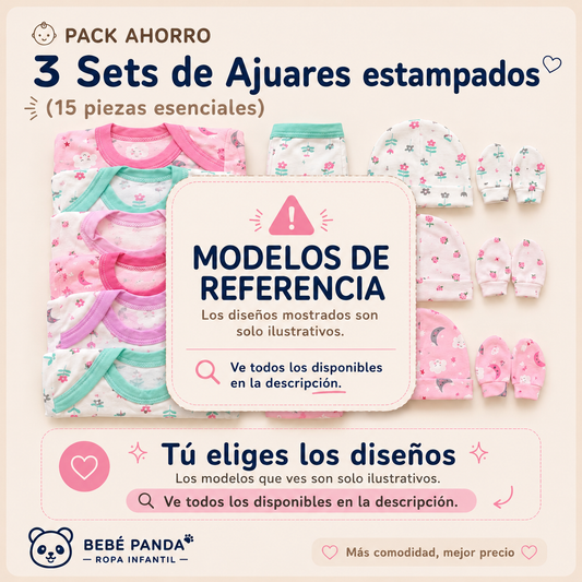 👶 Pack Ahorro 3 Sets de Ajuares estampados niñas (15 piezas esenciales)