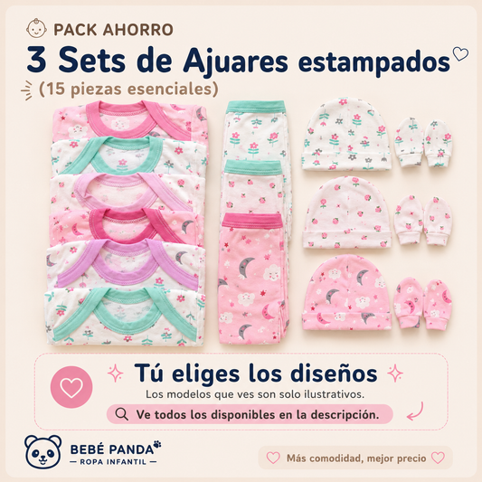 👶 Pack Ahorro 3 Sets de Ajuares estampados niñas (15 piezas esenciales)
