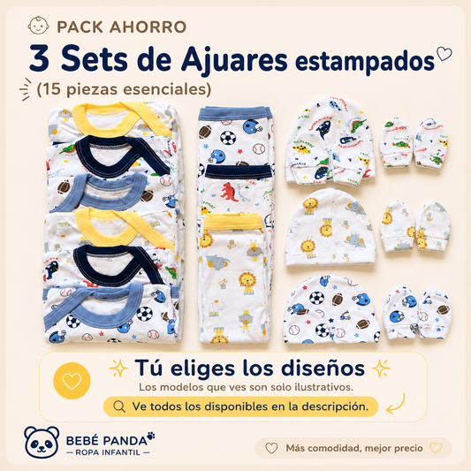 👶 Pack Ahorro 3 Sets de Ajuares estampados niños (15 piezas esenciales)