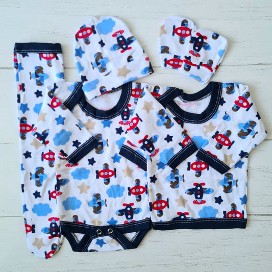Set ajuar de 5 piezas 100% algodón para bebé - diseño aviones