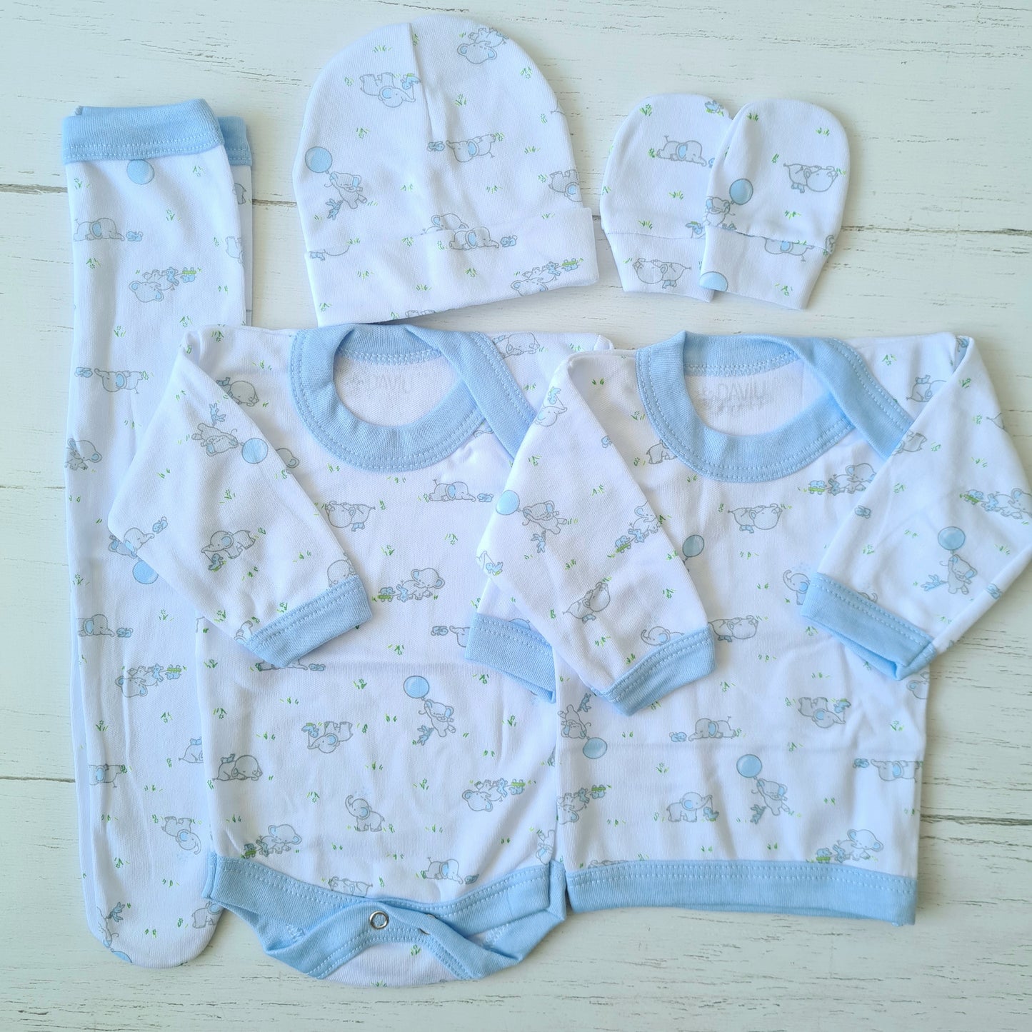 Set ajuar de 5 piezas 100% algodón para bebé - diseño elefantito