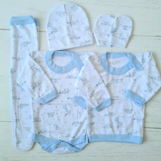 Set ajuar de 5 piezas 100% algodón para bebé - diseño elefantito