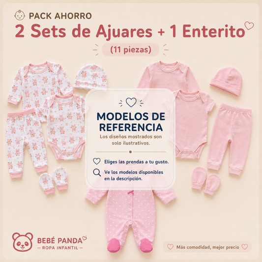 👶 Pack Ahorro 2 Sets de Ajuares  y 1 enterito niñas (11 piezas esenciales)