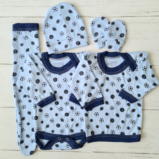 Set ajuar de 5 piezas 100% algodón para bebé - diseño azul