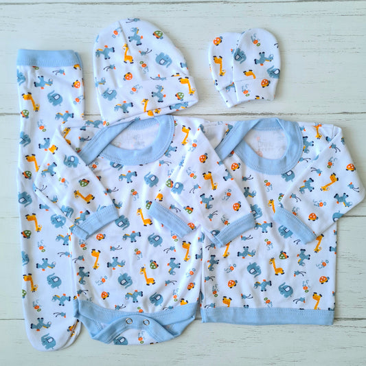 Set ajuar de 5 piezas 100% algodón para bebé - diseño animalitos