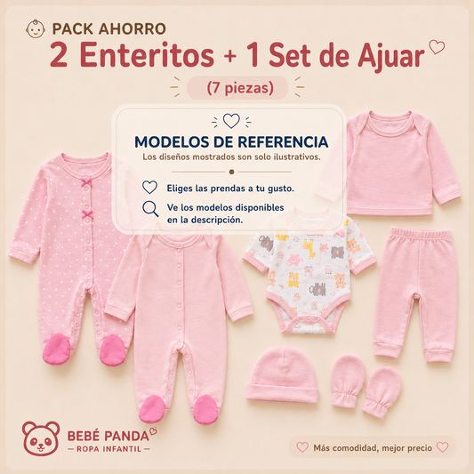 👶 Pack Ahorro 2 enteritos y 1 set de ajuar niñas (7 piezas esenciales)