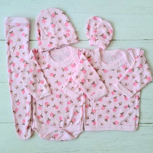 Set ajuar de 5 piezas 100% algodón para bebé - diseño rosa floreado