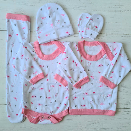 Set ajuar de 5 piezas 100% algodón para bebé - diseño rosa